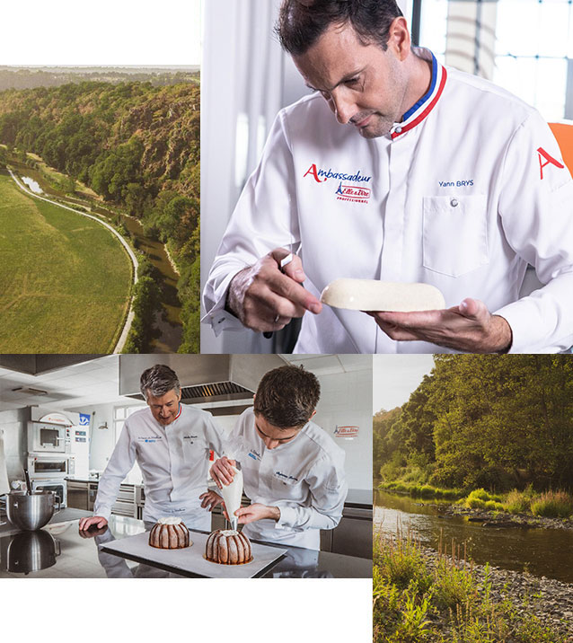 Collage con i Pastry Chef Yann Brys e Nicolas Boussin che lavorano in laboratorio e alcuni panorami normanni