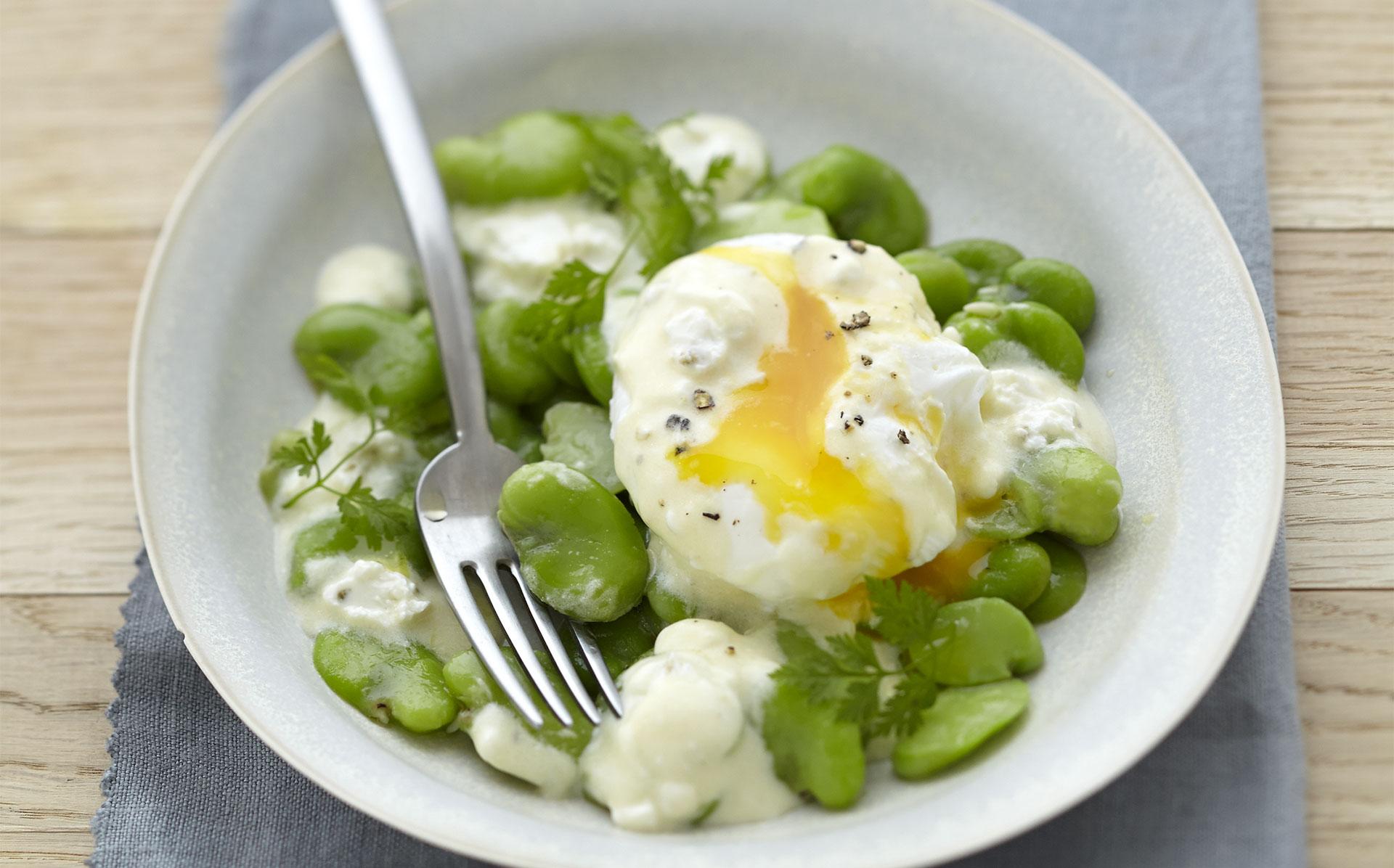 Salade de fèves et oeuf poché Elle & Vire - Recettes pour épater les  copains - Elle & Vire