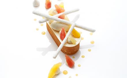 Vanilla cream cheese espuma and cream cheese and buddha's hand citron sorbet fresh citrus flavours