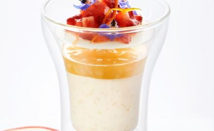Light and creamy rice pudding, delicate rhubarb and strawberry jelly with orange blossom