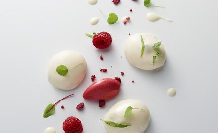 Evanescence de cream cheese à l'estragon, framboise et herbes anisées et acidulées