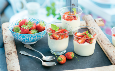 Panna cotta with basil and mint strawberries