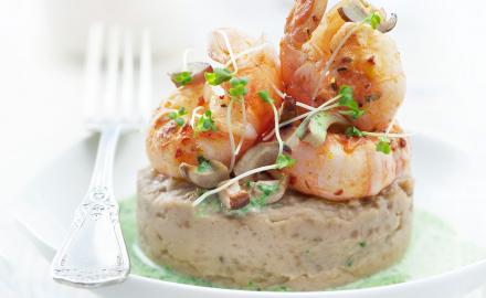 Langoustines, purée de châtaignes et crème de verdure