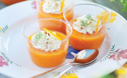 Gaspacho carottes, clémentines et chantilly de Dorade à l'aneth