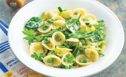 Orecchiette petits pois, épinards et crème