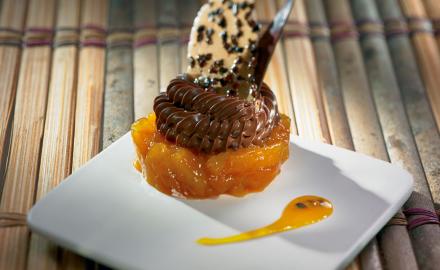 Exotic fruit compote with chocolate coriander cream