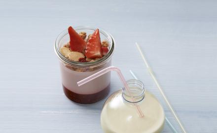 Yogurt-style Panna Cotta with berries & Piña Colada smoothie