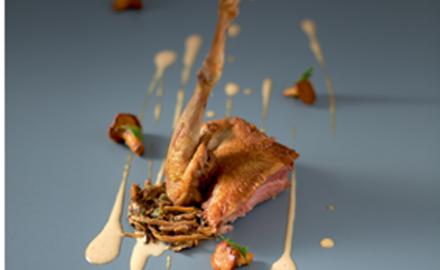 Pigeon rôti aux girolles, fleur de bananier au praliné, infusion crémeuse aux noisettes