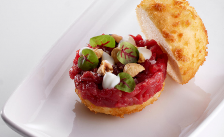 Beef tartare with toasted hazelnuts, Cooking Cream Sour Taste and a deep-fried steamed bun