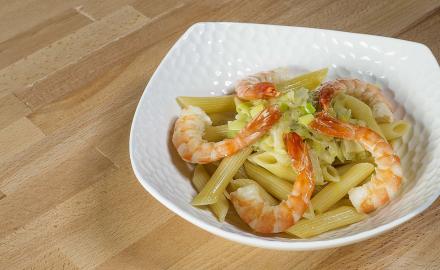 Penne with gambas and leek fondue