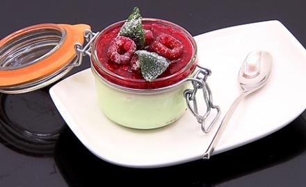 Panna cotta with raspberries and basil