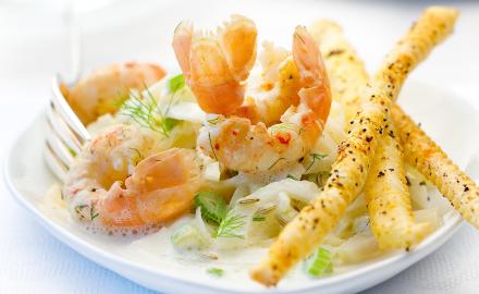 Fondue de fenouil et langoustines juste dorées, crème à l’anis