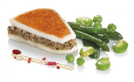 Turbot with velvety paprika - Mushroom stuffing and green summer vegetables