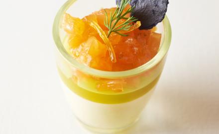 Salmon, cream cheese mousse with yuzu and dill jelly