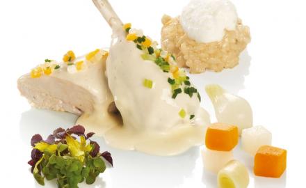 Poached free-range chicken, cream sauce Vegetables and risotto