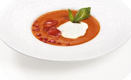 Creamy oven roasted tomato and red pepper with raspberries