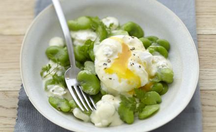 Salade de fèves et oeuf poché