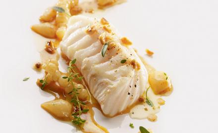 Oven-baked cod steaks with browned butter and toasted hazelnuts