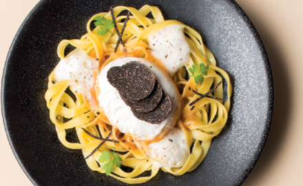 LOW TEMPERATURE POACHED ORGANIC EGG, FRESH FETTUCCINE PASTA & BLACK PÉRIGORD TRUFFLES JUS