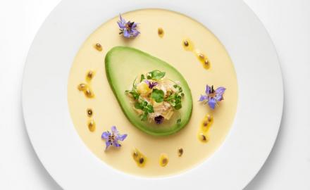 Mascarpone and passion fruit jelly, crab meat, mango and avocado