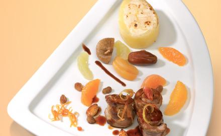 thinly sliced breast of duck with dried fruit, nuts and citrus fruit, potato gratin