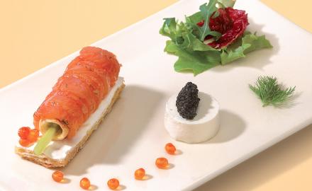 marinated salmon pastry with avruga caviar and a tangy cream sauce