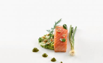 SEMI-COOKED SALMON, HERB CREAM, CAULIFLOWER AND BROCOLI RICE