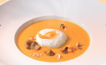 pumpkin soup with grilled chestnuts and hazelnuts and slithers of mimolette
