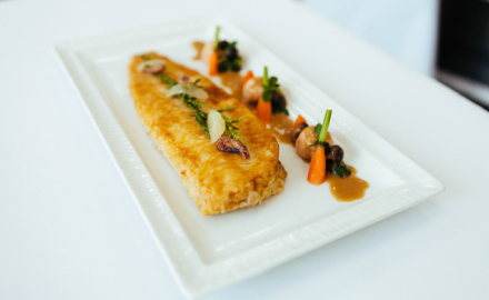 TRADITIONAL DOVER SOLE WITH LOBSTER, MINIATURE VEGETABLES AND GREY SHRIMP